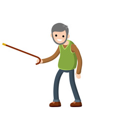 Funny old man with a cane. Senior point direction. Active Lifestyle and recreation grandfather. Cartoon flat illustration