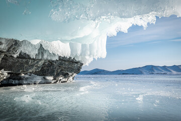 Ice ledge on a rocky island