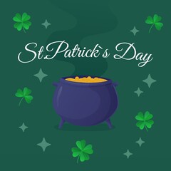 St.Patrick s Day greeting card. Traditional Leprechaun pot with gold, surrouded by shamrock, clover leaves and sparkls on green background. Stock vector illustration in cartoon realistic style.