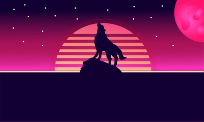 modern retro abstract wallpaper banner background wolf howling neon lights