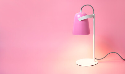 Modern table lamp on pink background flat lay. Lighting, lamp, light, interior decor, electricity. Children's pink table lamp. Single piece of furniture. Metal designer lamp