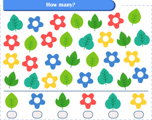  A game for children. count and write down how many leaves and flowers. Development of attention