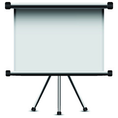 Blank portable projector screen. Blank pull-down portable projector screen on tripod 