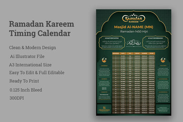 Ramadan Kareem Timing Calendar, Iftar & Sehri, Iftar & Sehri Calendar, Ramadan Kareem Timing Calendar, A3 Islamic Ramadan Calendar, Ramadan Prayer Timing Calendar, Ramadan calendar, Ramadan schedul