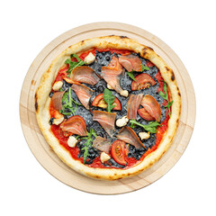Delicious pizza with mozzarella, cuttlefish ink, served on a wooden plate isolated on a white background. Concept for advertising flyer and poster for restaurants or pizzerias. 