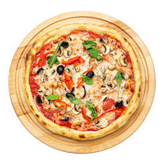 Delicious pizza with meat served on a wooden plate isolated on a white background. Concept for advertising flyer and poster for restaurants or pizzerias. File contains clipping path.