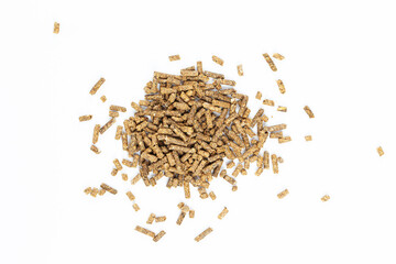 Feed for livestock. Pig feed pellets,feed  for hamster, rabbits or mouse on a white background.