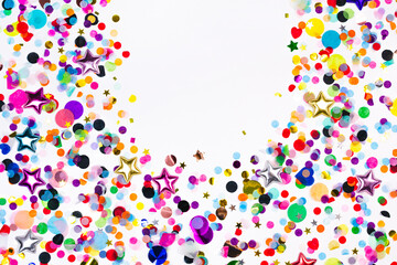 Colorful confetti oval border. Party template on white. Holiday flat lay card frame clipart with copy space