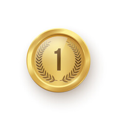 Gold medal. Champion trophy award with number and laurel vector illustration. Prize in sport for winning first place in competition on white background