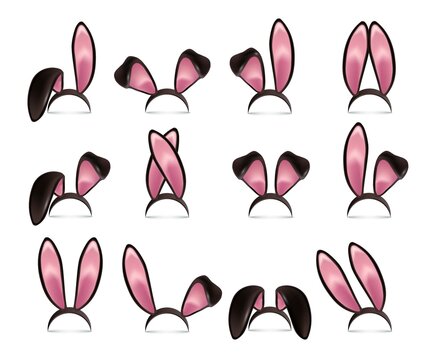 Rabbit ears realistic 3d vector illustrations set. Easter bunny ears kid headband, mask collection. Hare costume black and pink cartoon element. Photo editor, booth, video chat app isolated cliparts.