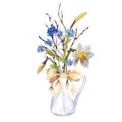 Watercolor Plant Spring Bouquet with white narcissus on white background