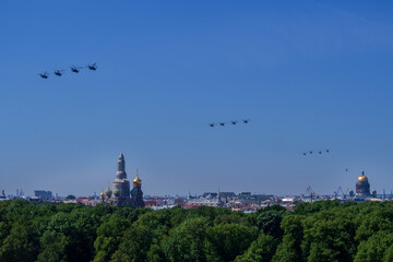 Russia, St. Petersburg - June 24, 2020: Victory Parade in honor of the 75th anniversary of the end of The Great Patriotic War - helicopter