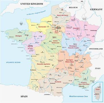 vector map France with the regions, rivers and the most important cities 