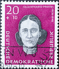 GERMANY, DDR - CIRCA 1959 : a postage stamp from Germany, GDR showing a portrait of the resistance fighters against Hitler of the KPD politician Olga Benario-Prestes (1908–1942). Ravensbrück Memorial