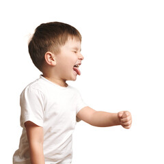 isolated child with closed eyes shows tongue on white background. space for insertion. space for copy.