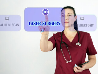  LASER SURGERY text in list. therapist looking for something at smartphone.