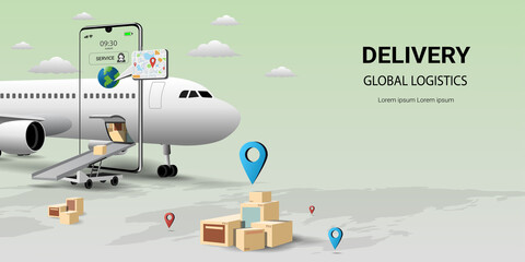 Online delivery by air service on mobile, Global logistic, transportation. Online order. Air logistics. airplane, warehouse and parcel box. Concept for website or banner. 3D  Vector illustration