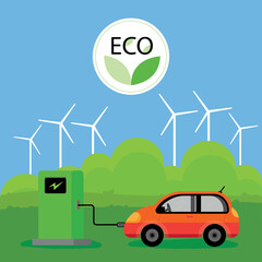 Eco friendly fuel concept. Electric car charging station. EV recharging point or EVSE.