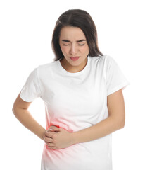 Young woman suffering from liver pain on white background