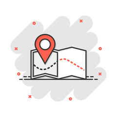 Vector cartoon pin on the map icon in comic style. Map gps sign illustration pictogram. Navigation business splash effect concept.