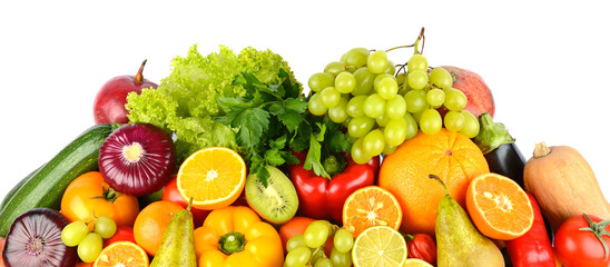 Big collection multi-colored juicy vegetables and fruits isolated on white background.