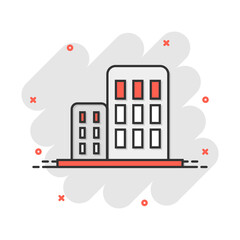 Obraz premium Vector cartoon building in comic style. House sign illustration pictogram. Building business splash effect concept.