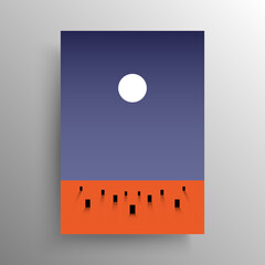Minimalist abstract flat design for the cover or wall decoration, vector. Sun in the sky of the red planet with a lot of mysterious black squares on the horizon for interior design.