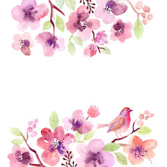 Watercolor flowers. Sakura. Set of watercolor flowers, leaves and branches 