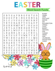 Easter word search puzzle with cute cartoon bunny. Educational game for kids. Funny holiday crossword. Party card.  
Festive colorful worksheet for learning English words. Vector illustration