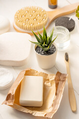 organic spa cosmetic and personal hygiene accesories on white background