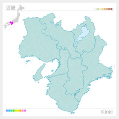 Naklejka premium 近畿の地図・Kinki・市町村名（市町村・区分け）