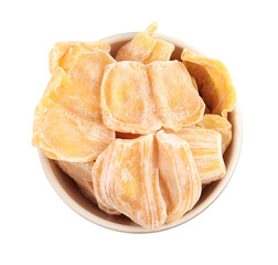 Delicious dried jackfruit slices in bowl isolated on white, top view