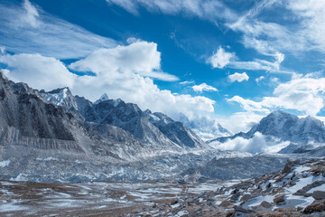 khumbu glacier with beautiful clouds in the mountains
