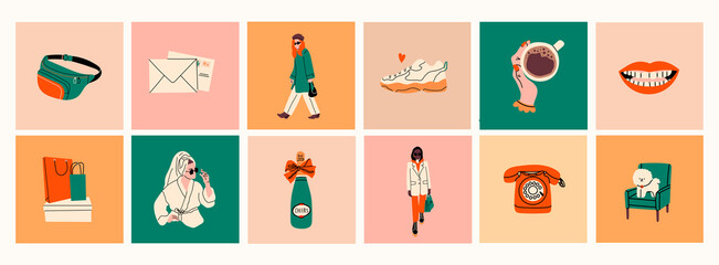 Stylish ladies wearing trendy clothes, coffee cup, sneakers. Modern woman Lifestyle. Work and sport fashion, spa relaxation and shopping concept. Various isolated icons. Hand drawn Vector set