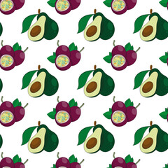 Fototapeta na wymiar Seamless pattern with tropical fruits, passion fruit and avocado. Background, design, layout, print.