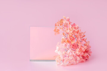 Gloss acrylic plates with flowers on a pink background.  Stylish background for presentation.