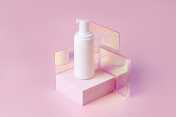 Cosmetic tube  on podium with gloss glass on pink background. Stylish background for presentation....