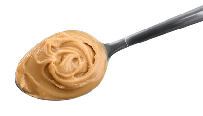 Delicious peanut butter in spoon isolated on white