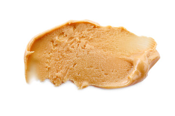 Delicious peanut butter isolated on white, top view