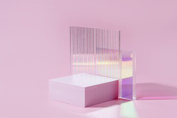 Geometric shapes podium for product display. Monochrome platform  with gloss acrylic sheets on pink...