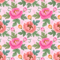 Floral seamless pattern with pink monochrome background for fabric, textile, and wallpaper.