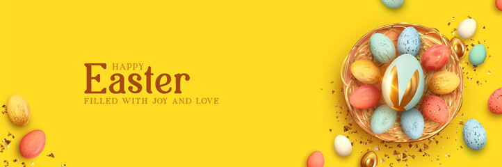 Obraz na płótnie Canvas Festive Easter horizontal banner, template header for website. Realistic 3d design elements. Spring holiday. Easter eggs in basket. View from above. Yellow background. Vector illustration