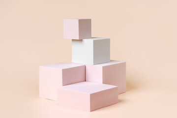 Geometric shapes podium for product display. Monochrome platform on pink background. Stylish...