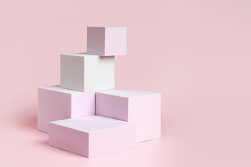 Geometric shapes podium for product display. Monochrome platform on pink background. Stylish...