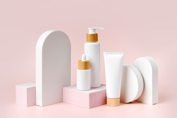 Various blank cosmetic container mock-ups on podiums and geometrical forms. Background for branding and packaging presentation. Natural skincare beauty product concep