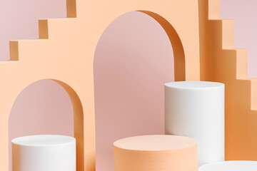 Abstract background with various geometrical forms and  podiums in pastel color for product...