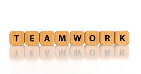 Wooden dice box with the words TEAMWORK. 3D realistic render.
