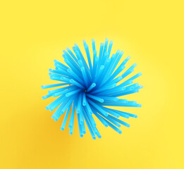Blue plastic straws for drinks on yellow background, top view