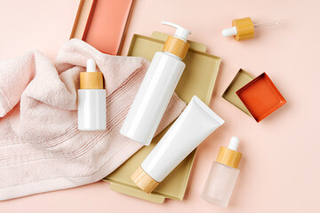Mockup cosmetic bottles packaging product on pastel background.  Natural skincare beauty product concep. Flat lay, top view