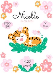 Personalize newborn baby metric poster with cute tiger and flowers on a white background. Date, cm, gr, time